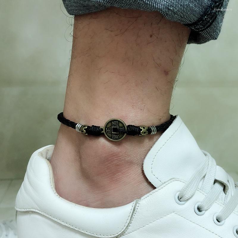 

Anklets Black Leather Red String Coin Anklet For Men Punk Color Vintage Retro