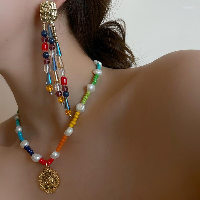 

Dangle Earrings MOGAKU Mixed Color Crystal Earring Women Long Tassel Ethnic Girls Beach Holiday Bohemian Accessories Personality