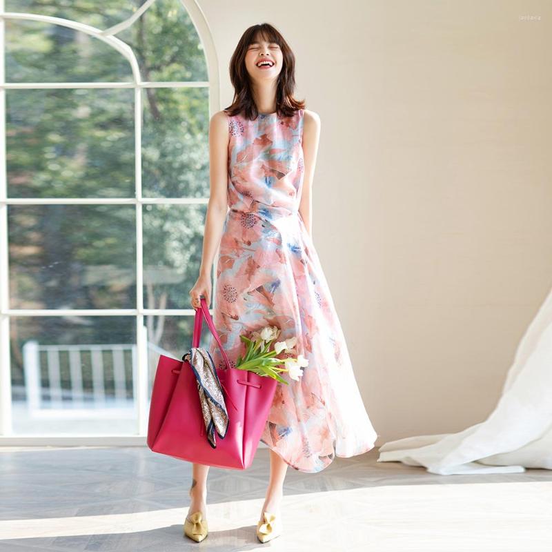 

Casual Dresses Dress Woman Summer Fashion Floral Print Tie Round Collar Sleeveless Long Ladies Skirts 2022 Beach Sundress Elegant, Blue