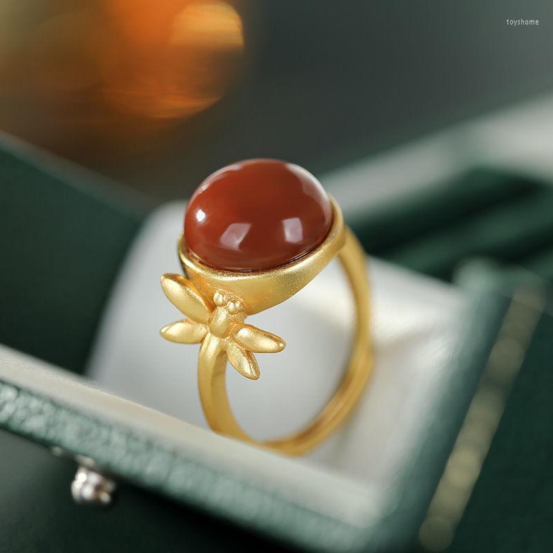 

Cluster Rings Original S925 Sterling Silver Gold Plated Southern Red Agate Personality Chinese Retro Simple Temperament Ornament