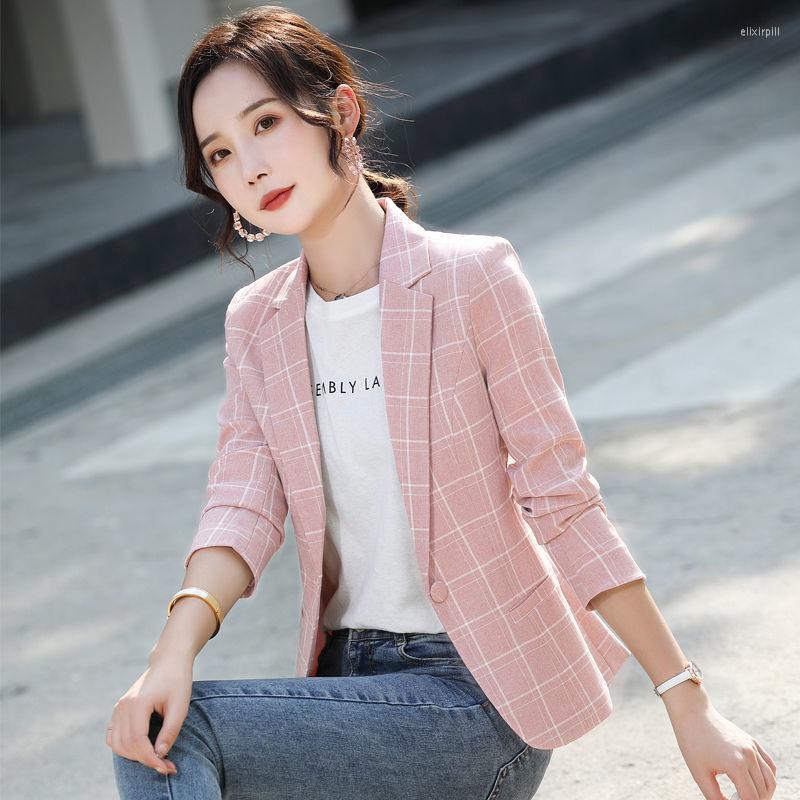 

Women's Suits Vintage Stylish Plaid Jacket Slim Korean Casual Collar Long Sleeve Work Office Lady All-match Blazer Women, Pink plaid blazer