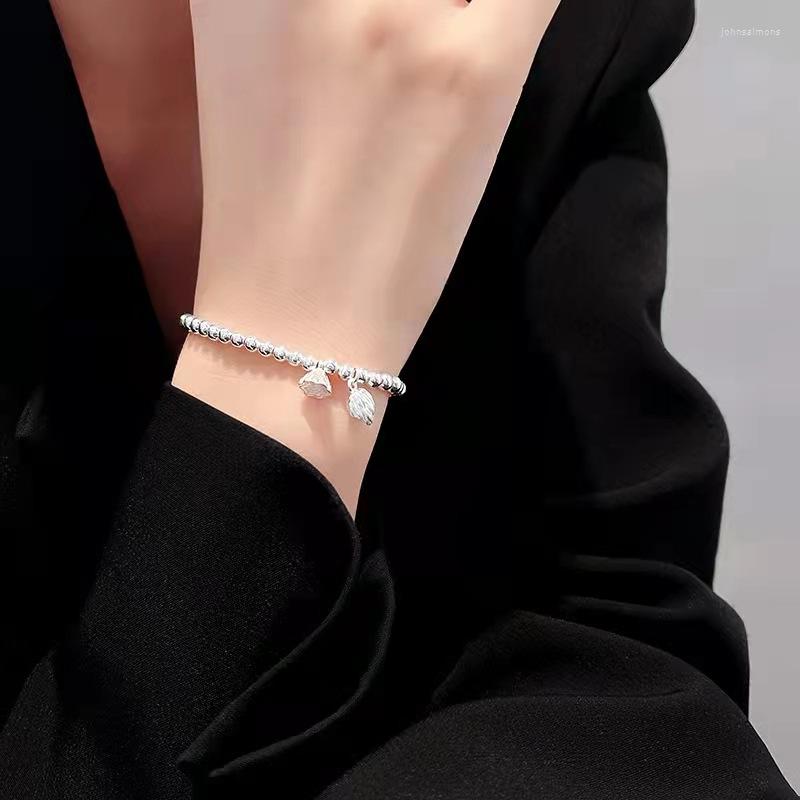 

Link Bracelets Silver Beads Chain Lotus Pendant For Women Street All-match Fashion Golden Designer Jewelry Party Wedding Gifts
