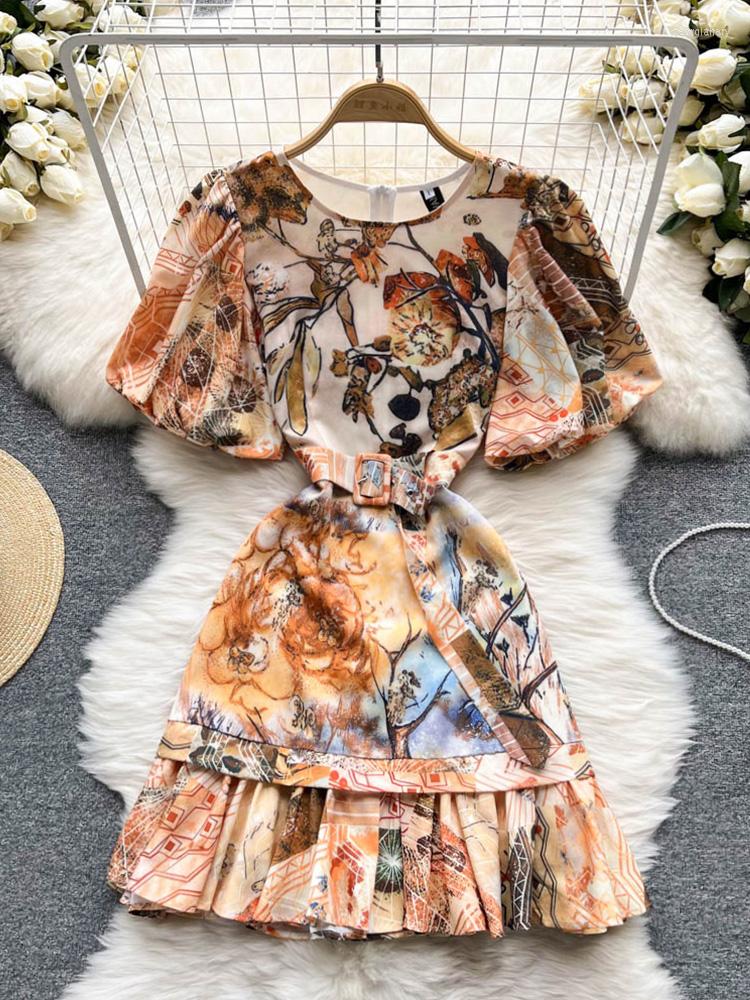 

Party Dresses FTLZZ Summer Women O-neck Puff Sleeve Ruffled Dress Vintage Lady Floral Print Empire Slim Ball Gown With Belt, Apricot