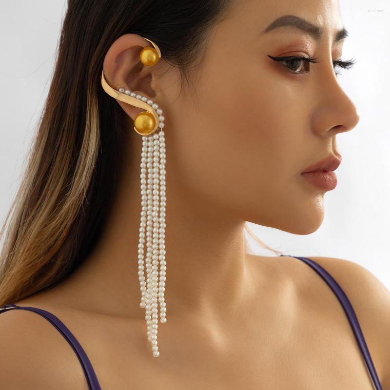 

Backs Earrings Punk Style Crystal Ear Clip Women Long Pearl Tassel Exquisite Beads Party Cuff Hanging Jewelry Feather Baroque On Earring