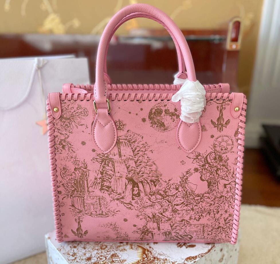 

New Designers shopping bags luxury designer tote handbag women top tier quality printing flowers zipper handbags pink totes Hand woven lace purse, Black