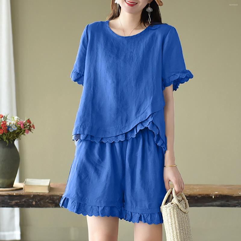 

Women's Tracksuits Women 2 Piece Cotton And Linen Casual Outfit Sets Short Sleeve Shirt Loose High Waisted Mini Shorts Set Dress Beach Wear, Blue