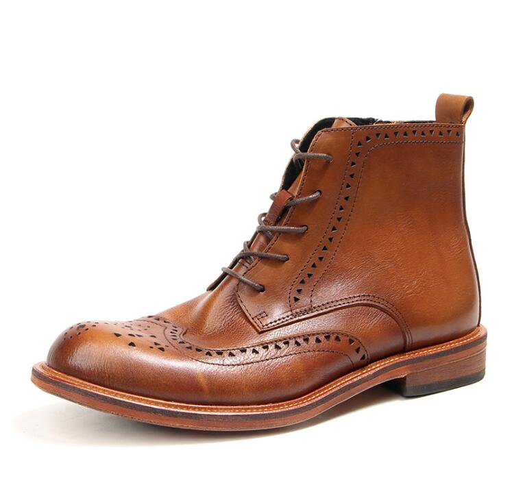 

British Style Brogue Carved Leather Cargo Boots Lace up Full Grain Leather Vintage Handmade Mens Western Booties Shoes, Black