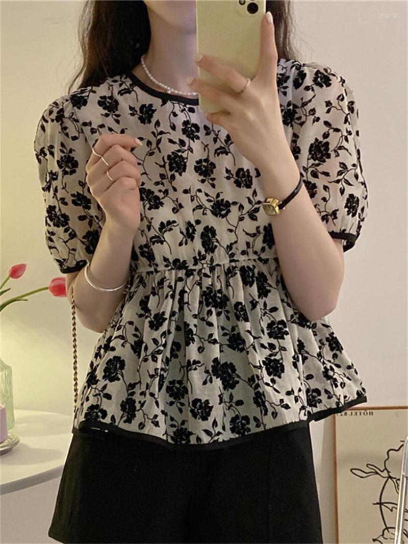 

Women's Blouses Alien Kitty Women Florals Tops Elegant All Match Vintage Short Sleeve Chic 2022 OL Printed Slim Sweet Casual Summer, Photo color