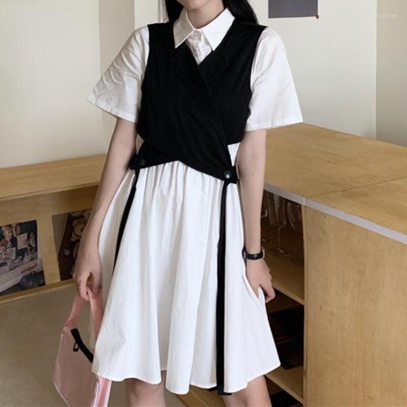 

Party Dresses LoliBook Summer Dress Women White Shirt Two-piece Suit Casual Korean Preppy Style Loose Sundress Streetwear 2022, Black