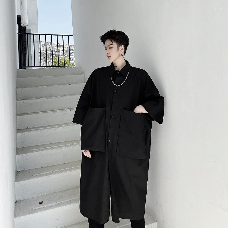 

Men's Casual Shirts Men's Black Loose Long Shirt 3/4 Sleeve Square Collar Single Breasted Top Male F8