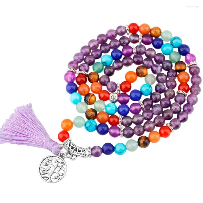 

Strand 6mm Natur Amethyst 108 Beads Mala With Tassels Metal Tree Of Life Charms Jewelry 7 Chakra Crystal Healing Energy Beaded Bracelet
