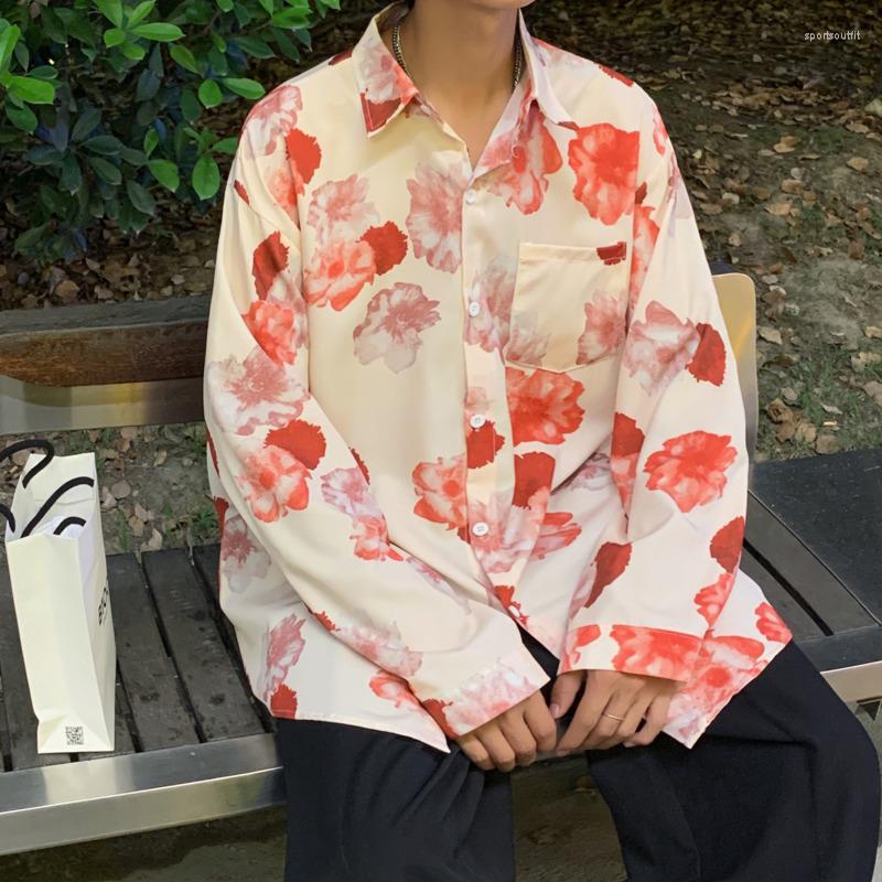 

Men's Casual Shirts Oversized Long Sleeve Men Fashion Printed Japanese Streetwear Loose Flower Mens Ice Silk, Black