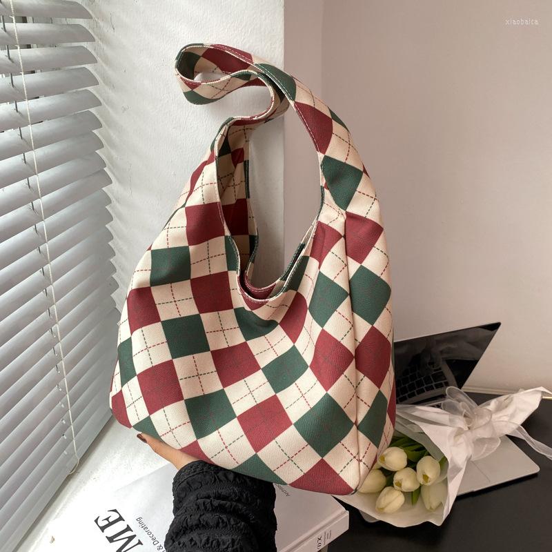 

Evening Bags Japanese Simple Personality Rhombus Abstract Plaid Canvas Bag Lazy Shoulder Tote For College Students Women, Green