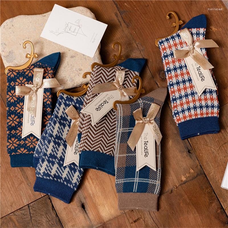 

Women Socks Autumn/winter Casual Women's Blue Lattice Retro Middle Tube Trend Japanese Pile 5pcs/lot