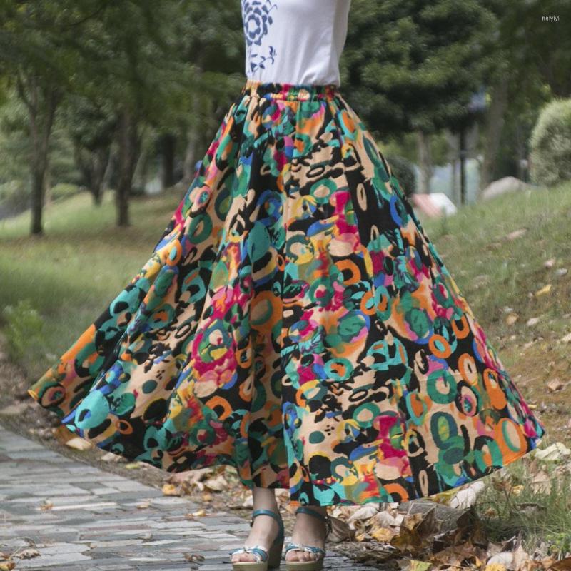 

Skirts TIYIHAILEY 2022 Fashion Long Maxi A-line Elastic Waist Women Cotton And Linen Spring Summer Printed Skirt, 80cm length