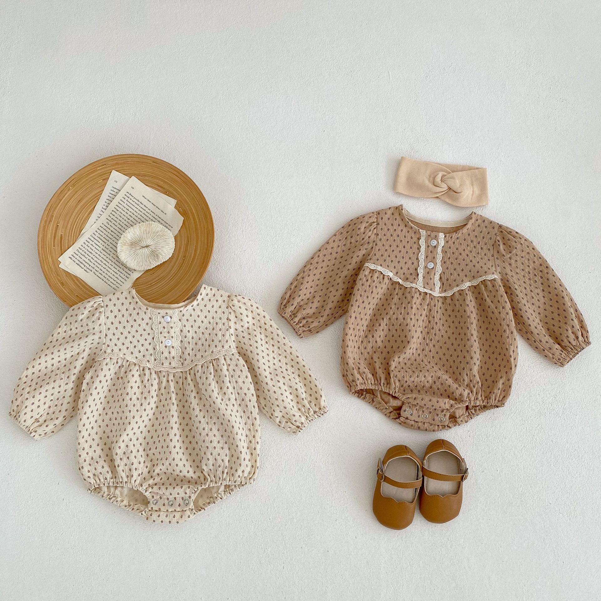 

Ins New cute spring fall Rompers infant Kids long sleeve Flower Print Romper baby Climb 100% cotton, Beige