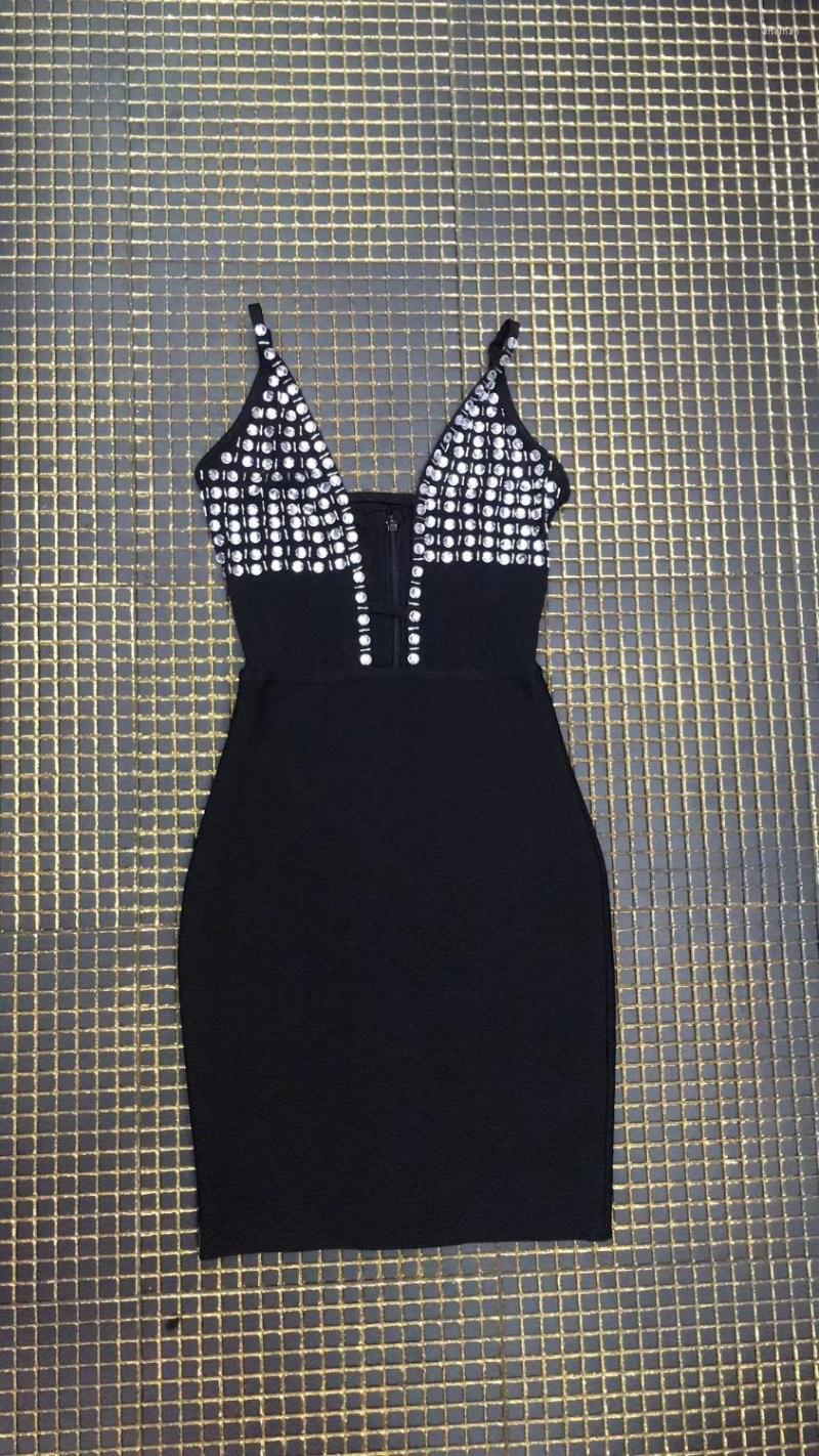 

Casual Dresses 2022 Drop Chic Black Beading SEXY DEEP V NECK Club Women Party Bandage Dress For Celebrity