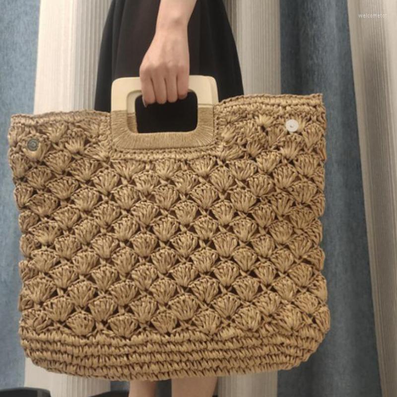 

Evening Bags Summer Wooden Handle Straw Bag For Women Large Capacity Handmade Woven Handbag Vacation Seaside Beach Lady Tote, Brown