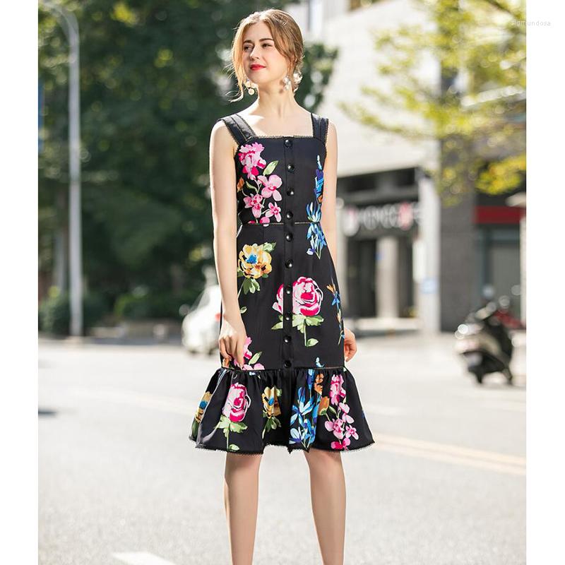 

Casual Dresses Women Runway Dress 2022 High Quality Spring Summer Sleeveless Printed Spaghetti Strap Mermaid Vestidos NP0936N, Picture shown