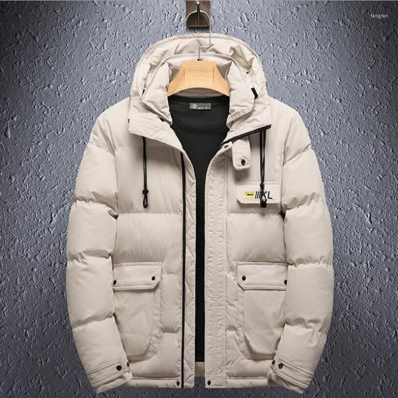

Men's Down 2022 Winter Men Parka Big Pockets Casual Cotton Jacket Hooded Solid Color Thicken Warm Jackets Outwear Man Coat W2360, Khaki