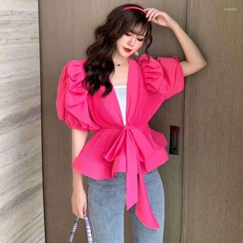 

Women's Blouses Korean 2022 Summer Ladies Fashion Elegant Vintage Puff Sleeve V-Neck Ruffled Shirt Women's Lace-Up Tunic Pleated Tops, Green