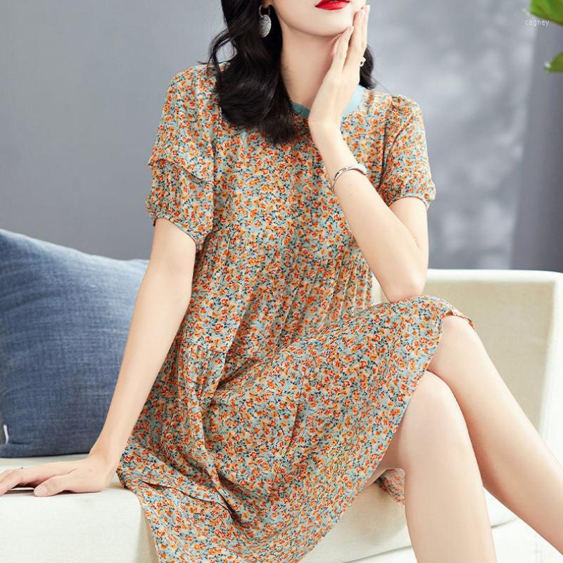 

Party Dresses Fashionable Silk Printing Mulberry Dress Female 2022 Summer Loose O Neck Short Sleeve Stitching Mid Length Skirt, Mixed