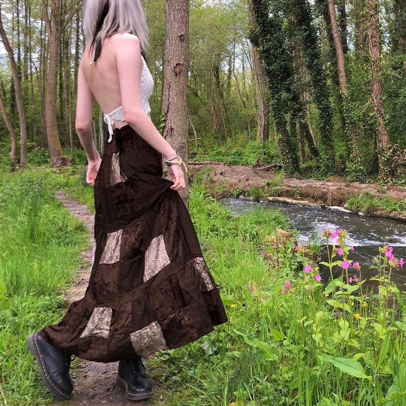 

Skirts Y2K Gothic Women Long Patchwork Skirt Adults Vintage Elegant Flower Print Pleated Brown, Auburn