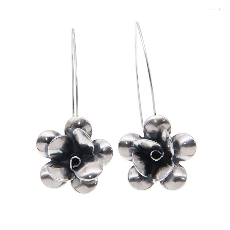 

Hoop Earrings Real S925 Sterling Silver Vintage Five Petal Matte Craft Large Flower MeibaPJ Exquisite Party Jewelry