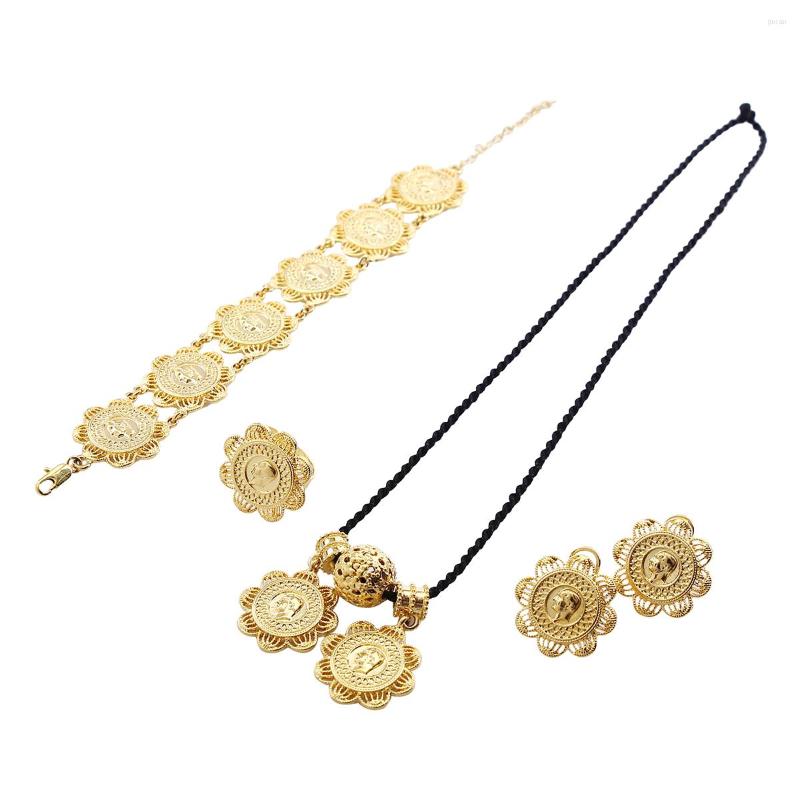 

Necklace Earrings Set Ethiopian Coin Pendant Chain Ring Bracelet Gold Color Fashion Bridal Wedding Eritrea Habesha, Picture shown