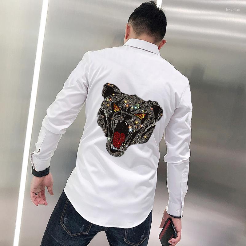 

Men's Casual Shirts Brand Diamond Design Spring Men's T-Shirt Exquisite Rhinestone Buttons Business Formal Simple Long Sleeves, As shown asian size