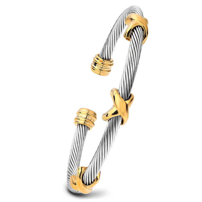 

Fashion Personality Simple Design Female Open Cuff Bracelet Stainless Steel x Bangle Twist Cable Wire Wrapped Bracelet