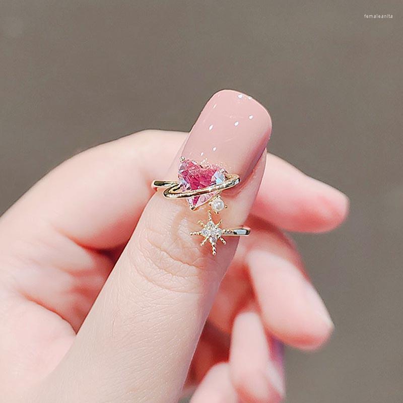 

Wedding Rings Korean Exquisite Lovely Pink Love Heart Opening Ring Fashion Temperament Versatile Crystal Star Female Jewelry