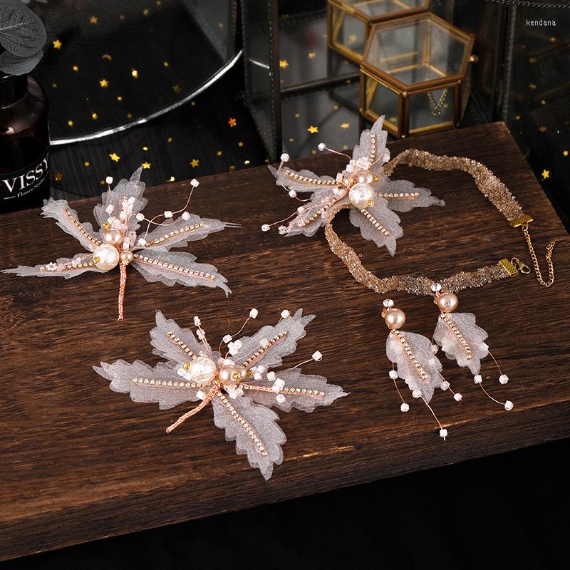 

Necklace Earrings Set Head Ornament With Bride Korean Pearl Spun Flowers Wedding Dress Accessories Woven Crystal Hairpin D88, Picture shown