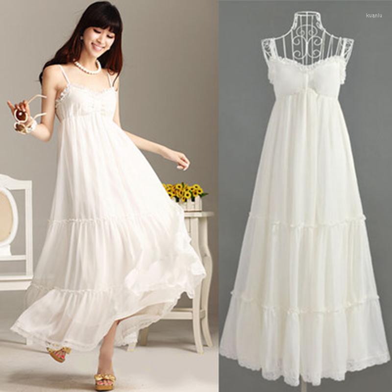 

Casual Dresses White Strapless Bohemian Lace Chiffon Long Maxi Spring Summer Clothes Dress For Women' Vetement Femme 2022 Sukienka