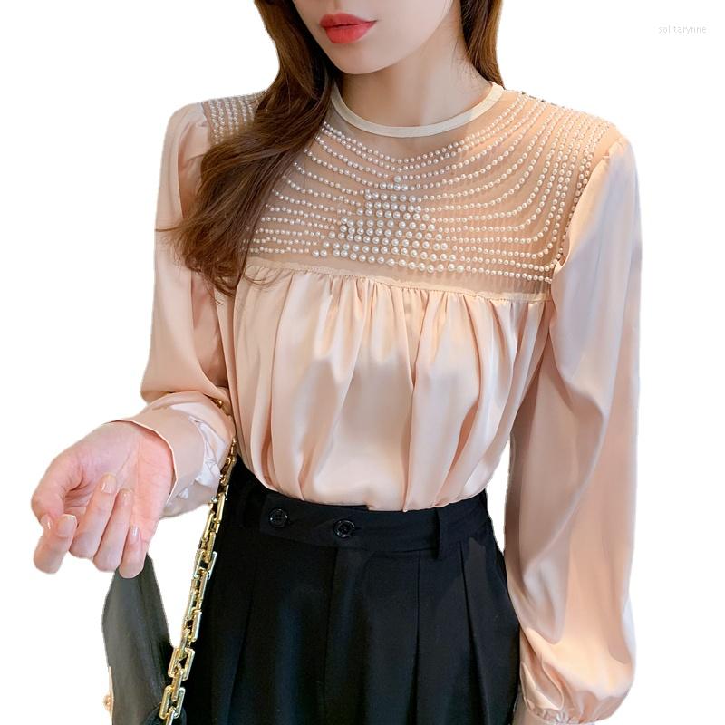 

Women' Blouses Transparent Back Women Chiffon Fashion Bead Work Satin Tops Mujer Clothing, Creamy-white