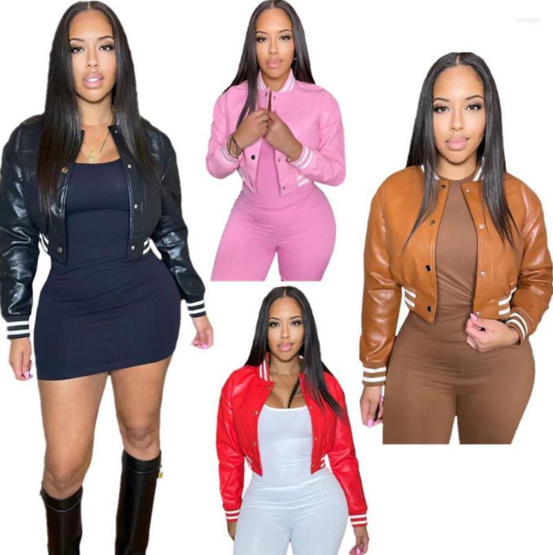 

Women' Jackets Short Baseball Coat Women PU Leather Fly Jacket Striped Side Single Breasted Winter Autumn Streetwear Outcoat, Brown