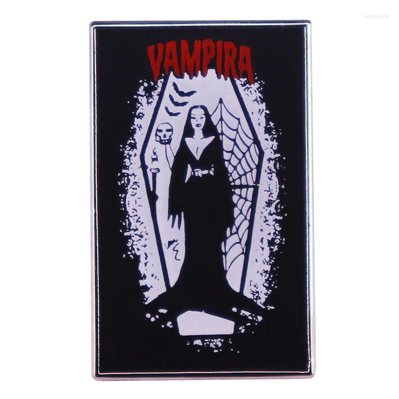 

Brooches Gothic Vampira Coffin Enamel Pin Halloween Brooch Retro Horror Badge For Backpacks Fashion Jewelry Gift