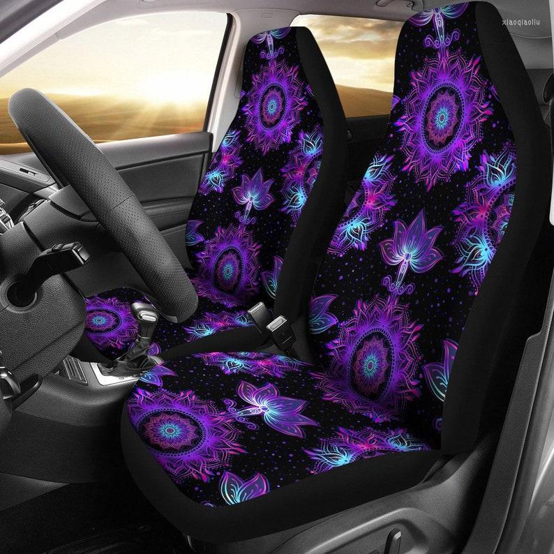 

Car Seat Covers Purple Pink Mandalas Black Pair 2 Front Protector Accessories
