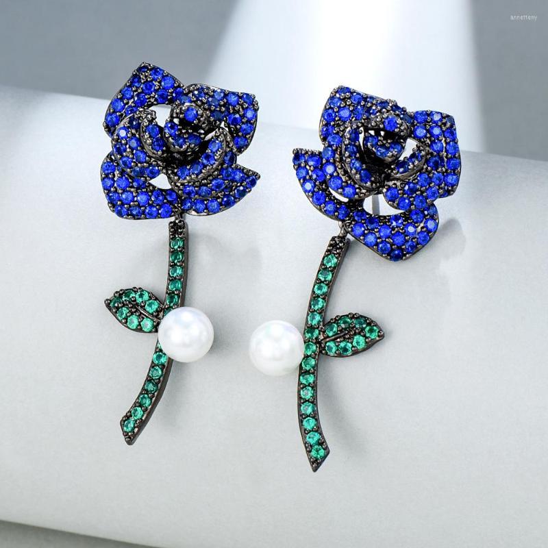 

Dangle Earrings Missvikki Luxury Blue Rose Flowers Branch Full Cubic Zirconia Natural Pearls Wedding Party Trendy Jewelry