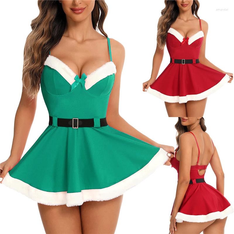 

Casual Dresses 2023 Christmas Sleeveless V-Neck Nightdress Plush Splicing Backless Short Slip Dress With Belt Party Clubwear, Light green