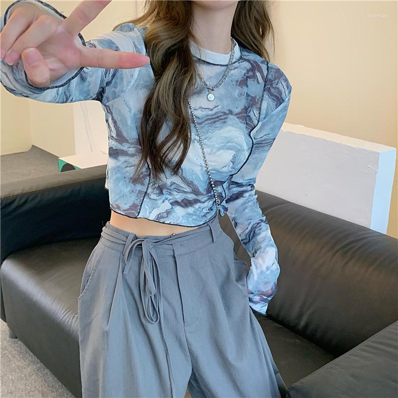

Women's T Shirts Long Sleeve T-shirts Women Tie-dye Printed Summer Sun-proof Cropped Tops Fashion High Street Gauze Korean Style Chic Teens, Ink blue