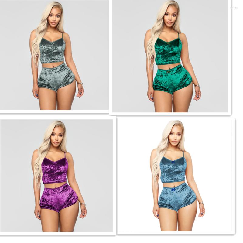

Women' Tracksuits 2022 Women Shorts Set Summer Sling Sexy Homewear Gold Velet Material Confortable 2-piece