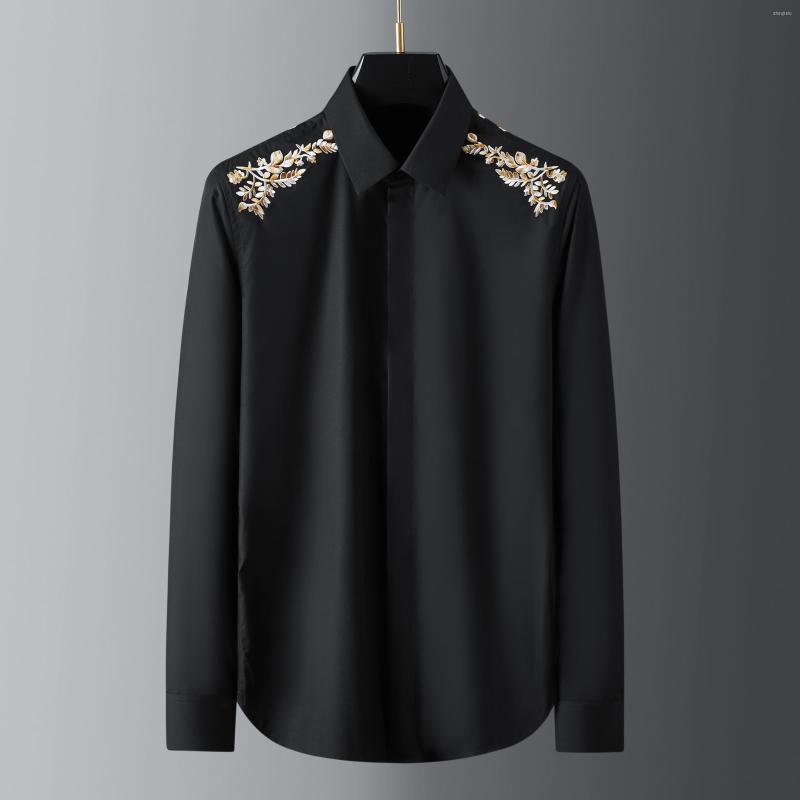 

Men's Casual Shirts Minglu Floral Embroidery Male Luxury Long Sleeve Black White Mens Dress Slim Fit Party Tuxedo Man