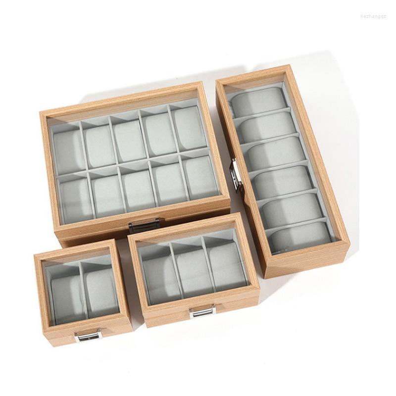 

Watch Boxes Glass Skylight Dustproof Pear Wood Grain Storage Box Vintage Jewelry Display With Pillow Organizer 2/3/6/10/12/