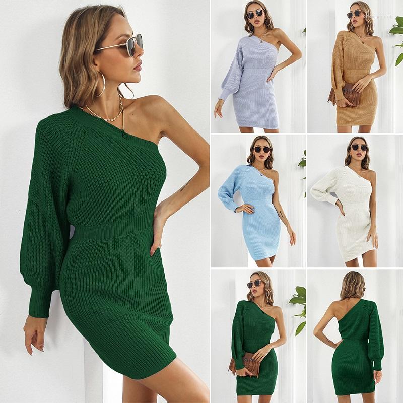 

Casual Dresses Women Autumn Winter Sexy Solid Slant One Shoulder Sweater Dress Long Sleeve High Waist Knitted Hip Wrap Female Clothes