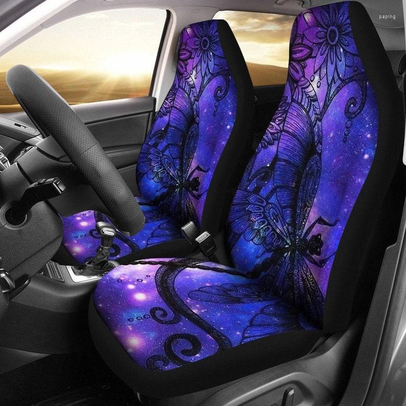 

Car Seat Covers Purple Floral Flowers Dragonfly Pair 2 Front Protector Accessory