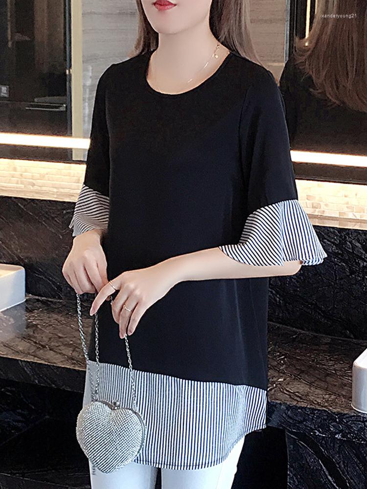 

Women' Blouses Casual Women Blouse Fake Two Piece Flare Sleeve Stripe Summer Spring O Neck Long Shirt Elegant Loose Female Top 2022, Blue