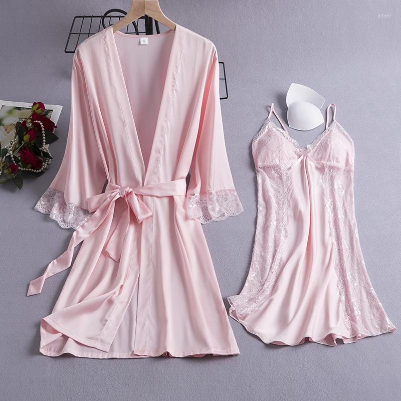

Women's Sleepwear Female 2PCS Robe Sets Sexy Strap Top Nightgown&Bathrobe Bride Dressing Kimono Gown Summer Lace Lounge Home Wear Rayon, Black 3