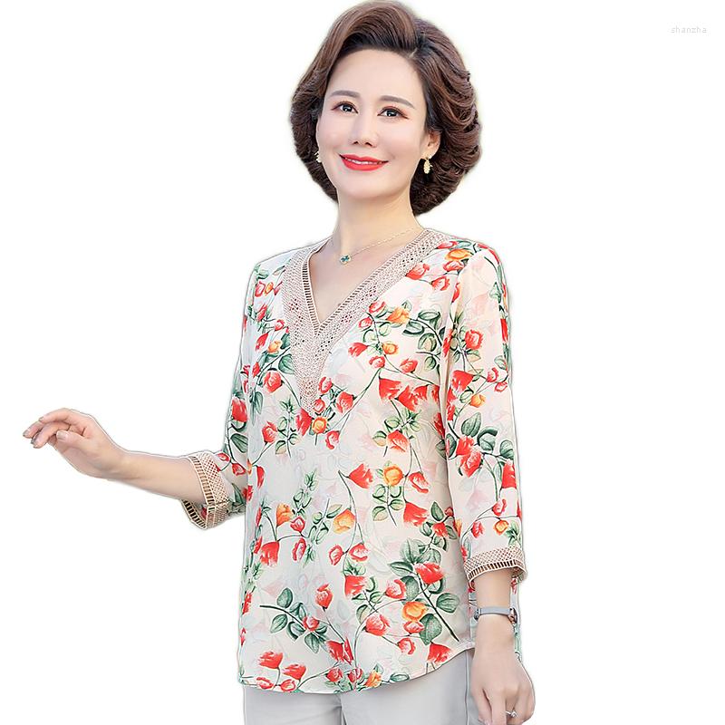 

Women's Blouses Women Chiffon 3/4 Sleeve Vintage Print Floral Blouse Ladies Casual Lace Hollow Out V-neck Tops Shirts -5XL, Red
