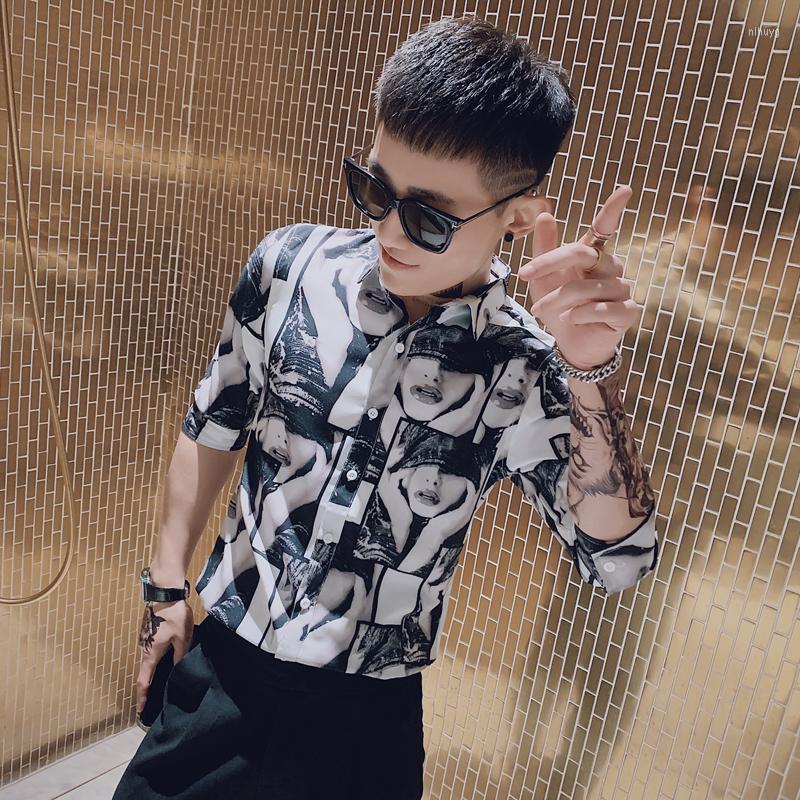 

Men's Casual Shirts Creative 3D Digital Print Slim Fit Three Quarter Sleeves Shirt Men Summer Quality Smooth Comfortable Camisa Masculina, Picture shown